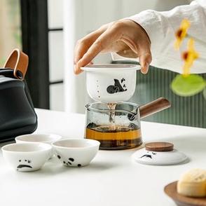 陶瓷玻璃户外露营一壶三杯茶具套装手绘熊猫便携旅行茶壶快客杯